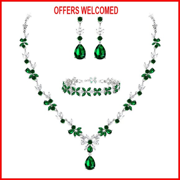 Floral Cubic Zirconia Jewelry Set Teardrop Necklace Earrings Bracelet Hair Comb